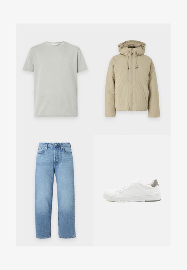 Beige puffer-takki hupulla, jossa on etuvetoketju, joustavat kiristysnyörit ja sivutaskut. Valmistettu kevyestä, teksturoituneesta kankaasta.; Vaalea harmaa lyhythihainen t-paita, jossa on teksturoitu kuvio, pyöreä kaula-aukko ja suora helma. Valmistettu pehmeästä, hengittävästä kankaasta.; Vaaleansiniset farkut suoralla lahkeella, korkealla vyötäröllä, viidellä taskulla ja hienovaraisella kulutuksella. Edessä nappikiinnitys ja vyölenkit.; Valkoinen lenkkari, jossa on sileä nahkamateriaali, pyöristetty kärki, minimalistinen muotoilu, harmaa kantapääkorostus ja teksturoitu kumipohja.
