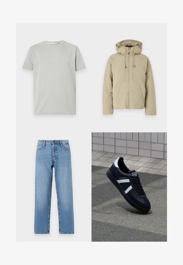 Beige puffer jakk, millel on kapuuts, ees lukuga, elastsete tõmblukkude ja küljetaskutega. Valmistatud kerge tekstuuriga kangast.; Heled hõbedane lühikeste varrukate T-särk, millel on tekstuuriga muster, ümmargune kaelus ja sirge äär. Valmistatud pehmest, hingavast kangast.; Heledsinine teksapüksid sirge sääre disainiga, varustatud nööbi ja tõmbluku kinnitusega, viie tasku stiiliga ning kerge kulumisega.; Must have musta sneaker musta valgete triipudega, tekstuurne kummitald ja nööridega esiosa. Omab bränditud märki keele peal.