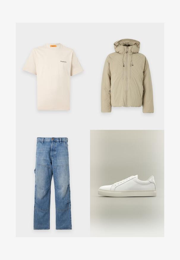 Chaqueta acolchada beige con capucha, que presenta un cierre frontal de cremallera, cordones elásticos y bolsillos laterales. Fabricada con un tejido ligero y texturizado.; Replay Inc. ESSENTIAL LOGO UNISEX - Camiseta básica - ivory; Pantalones de mezclilla azul claro con piernas anchas, áreas desteñidas y costuras de patchwork. Presentan un cierre frontal con botón y cremallera, además de bolsillos laterales.; Zapatilla blanca de perfil bajo con cordones en la parte delantera y suela gruesa, mostrada de lado sobre un fondo neutro.