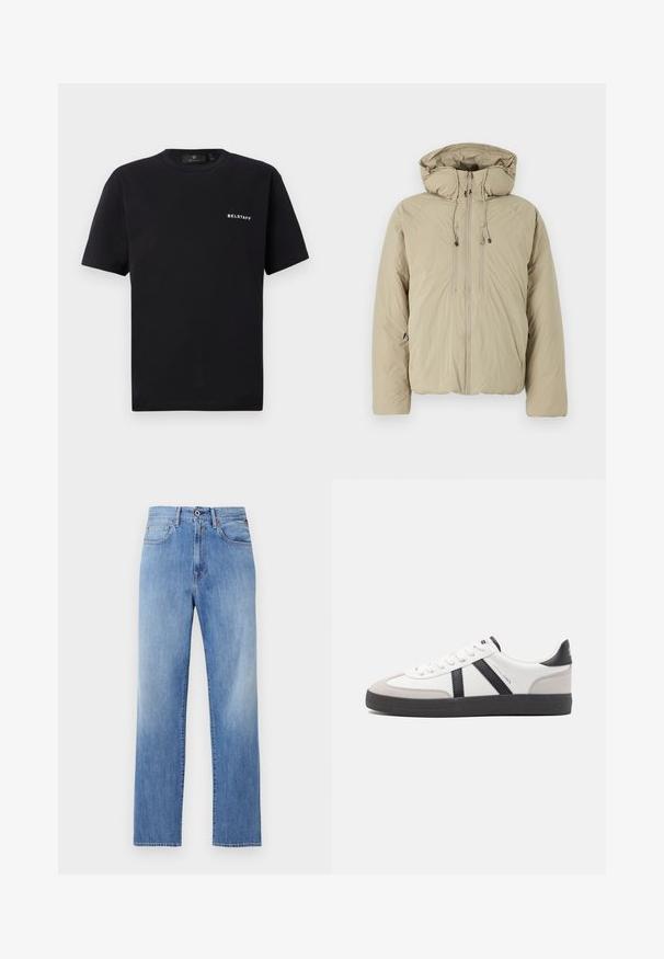 Beige Steppjacke mit Kapuze, ausgestattet mit einem Frontreißverschluss, elastischen Kordeln und Seitentaschen. Hergestellt aus leichtem, strukturiertem Stoff.; Schwarzes Kurzarm-Crewneck-T-Shirt mit kleinem weißen "BELSTAFF"-Logo auf der linken Brust vor einem schlichten Hintergrund.; Hellblaue Straight-Leg-Jeans mit Frontknopf, Reißverschluss und Fünf-Taschen-Design auf weißem Hintergrund.; Weiße Sneaker mit schwarz- und grau-aczenten, ausgestattet mit einer strukturierten grauen Zehenkappe, schwarzer Gummi-Sohle und flachen weißen Schnürsenkeln. Sauberes Design, minimalistische Stil.