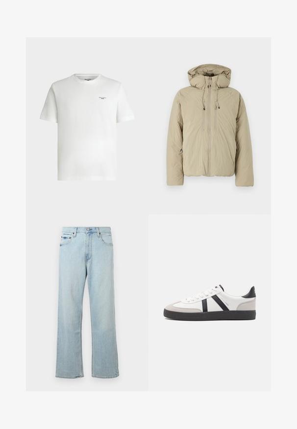 Beige pufferjakke med hætte, udstyret med en frontlynlås, elastiske snore og sidelommer. Konstrueret af letvægts, struktureret stof.; Hvid kortærmet t-shirt med rund hals og lille sort tekstlogo "Marc O'Polo DENIM" på øverste venstre bryst.; Lyseblå denimjeans med en løs, bred bendesign. Har fem lommer, bæltestropper og en lynlås med knaplukning.; Hvide sneakers med sorte og grå detaljer, med en tekstureret grå tåhætte, sort gummisål og flade hvide snørebånd. Rent design, minimalistisk stil.