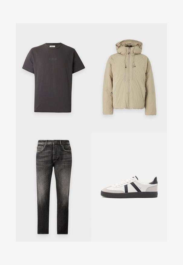 Beige pufferjakke med hætte, udstyret med en frontlynlås, elastiske snore og sidelommer. Konstrueret af letvægts, struktureret stof.; Mørkegrå kortærmet bomulds-t-shirt med et diskret reliefprint af "REPLAY" logoet foran. Rund halsudskæring og afslappet pasform.; Sorte denimjeans med en falmet vask, fem lommer og lige ben. Har subtile slidte detaljer og kontraststikninger.; Hvide sneakers med sorte og grå detaljer, med en tekstureret grå tåhætte, sort gummisål og flade hvide snørebånd. Rent design, minimalistisk stil.