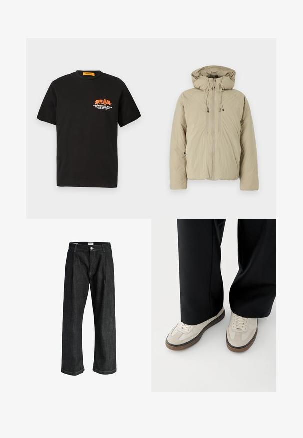 Beige Steppjacke mit Kapuze, ausgestattet mit einem Frontreißverschluss, elastischen Kordeln und Seitentaschen. Hergestellt aus leichtem, strukturiertem Stoff.; Schwarzes Baumwoll-T-Shirt mit kurzen Ärmeln, auf der Vorderseite mit einem orangen und weißen grafischen Textdesign. Rundhalsausschnitt, lockere Passform.; Schwarze, gerade geschnittene Jeans aus Denim mit vorderen Bundfalten, Knopfverschluss, Gürtelschlaufen und sichtbaren weißen Nähten.; Füße mit beigen Sneakers mit braunen Sohlen und schwarzen Hosen mit weitem Bein auf weißem Hintergrund.