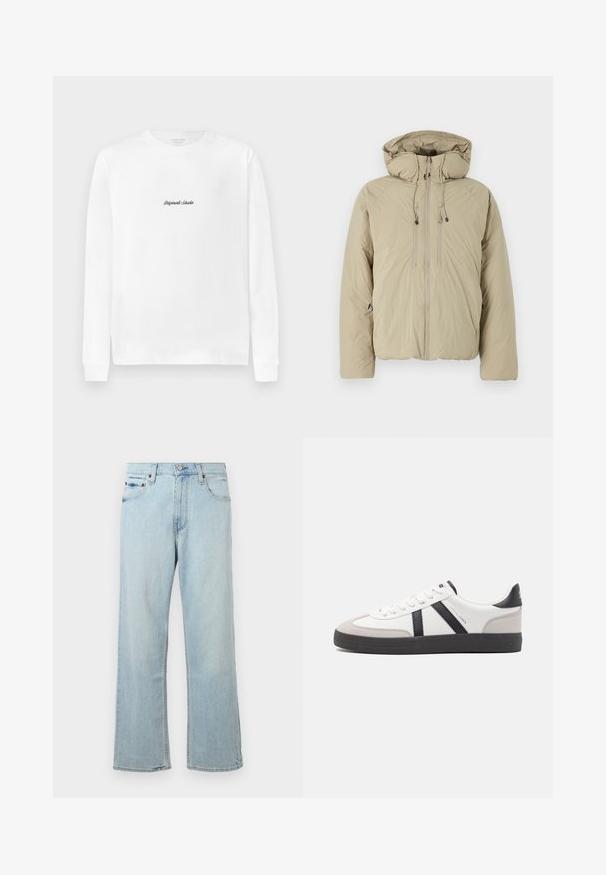 Beige pufferjakke med hætte, udstyret med en frontlynlås, elastiske snore og sidelommer. Konstrueret af letvægts, struktureret stof.; Hvid langærmet T-shirt med et lille sort skriftslogo "Originals Studio" centreret på brystet.; Lyseblå denimjeans med en løs, bred bendesign. Har fem lommer, bæltestropper og en lynlås med knaplukning.; Hvide sneakers med sorte og grå detaljer, med en tekstureret grå tåhætte, sort gummisål og flade hvide snørebånd. Rent design, minimalistisk stil.