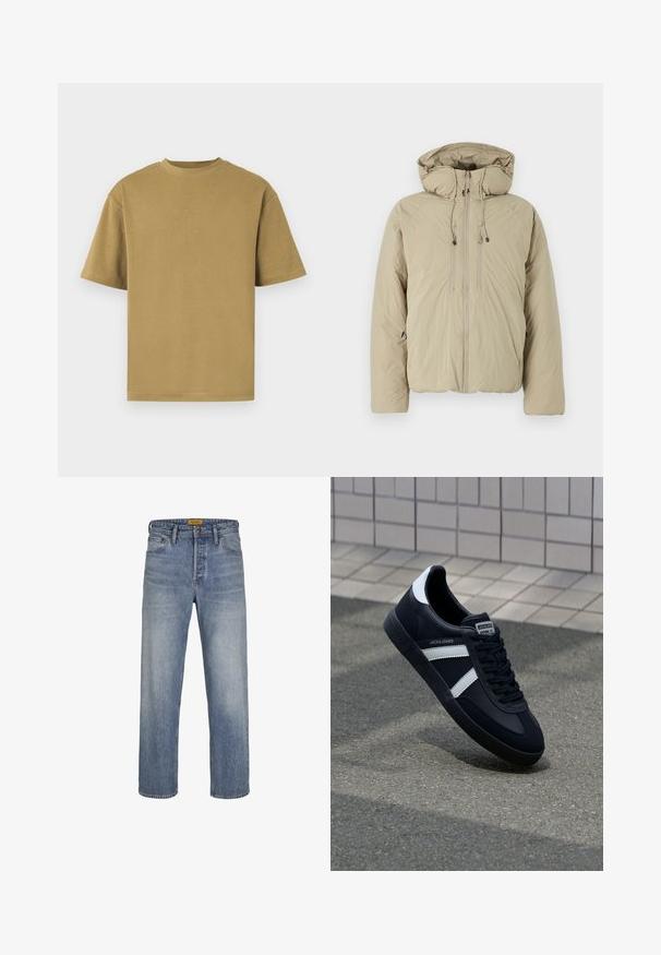 Beige donsjack met een capuchon, voorzien van een voorrits, elastische trekkoorden en zijzakken. Gemaakt van lichtgewicht, gestructureerde stof.; Khaki korte mouw t-shirt, gemaakt van zachte katoen, met een ronde halslijn en een relaxte pasvorm. Soepele textuur zonder zichtbare patronen of accenten.; Lichtblauwe rechte jeans gemaakt van denim, met een vervaagde wassing, vijf zakken, riemlussen en een rits met knoopsluiting.; Zwarte leren sneaker met witte strepen, een gestructureerde rubberen zool en vetersluiting aan de voorkant. Voorzien van een merklabel op de tong.