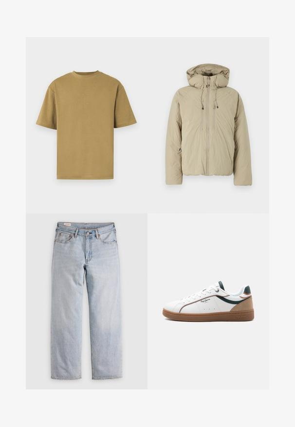 Beige puffer jakk, millel on kapuuts, ees lukuga, elastsete tõmblukkude ja küljetaskutega. Valmistatud kerge tekstuuriga kangast.; Khaki lühikese varrukaga T-särk, valmistatud pehmest puuvillast, ümmarguse kaelusega ja vaba lõikega. Sile tekstuur, ilma nähtavate mustrite või aktsentideta.; Heledad sinise värvi sirged teksapüksid kõrge taljega, nööbiga kinnitamine ning ees ja taga taskud, asetatud tasasele pinnale.; Valge madala säärega tennisejalanõu pruunide tallade, roheliste ja beežide detailide, valgete nööride ning küljele trükitud "Pepe Jeans London" logoga.