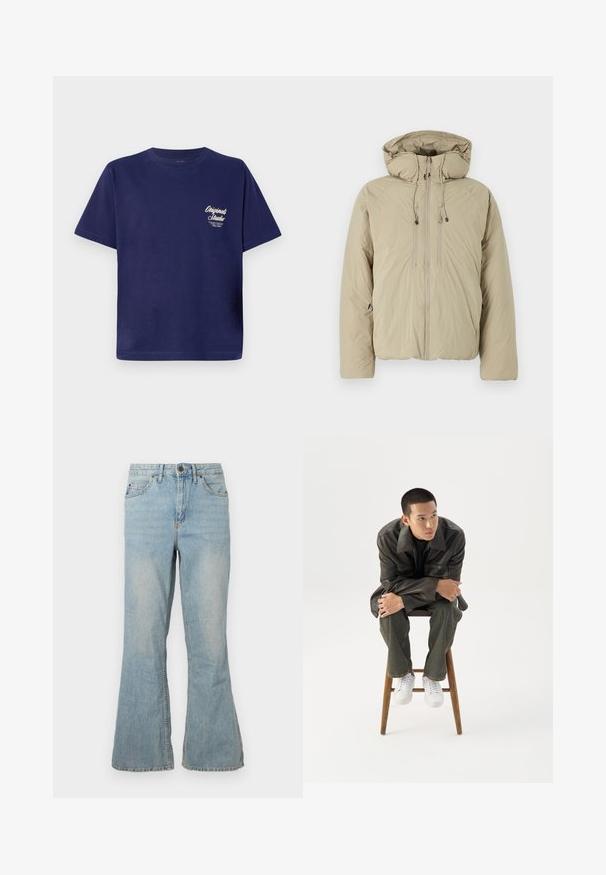Chaqueta acolchada beige con capucha, que presenta un cierre frontal de cremallera, cordones elásticos y bolsillos laterales. Fabricada con un tejido ligero y texturizado.; Camiseta de algodón azul marino de manga corta, cuello redondo y pequeño gráfico de texto blanco en la parte frontal izquierda. Diseño simple de color sólido.; Jeans de mezclilla azul claro de pitillo con cintura media, cinco bolsillos y costuras visibles. Presentan una textura suave y cierre de cremallera estándar.; Joven con chaqueta de cuero oscura y vaqueros sentado en un taburete de madera, inclinado hacia adelante con los brazos cruzados, mirando hacia un lado contra un fondo blanco.