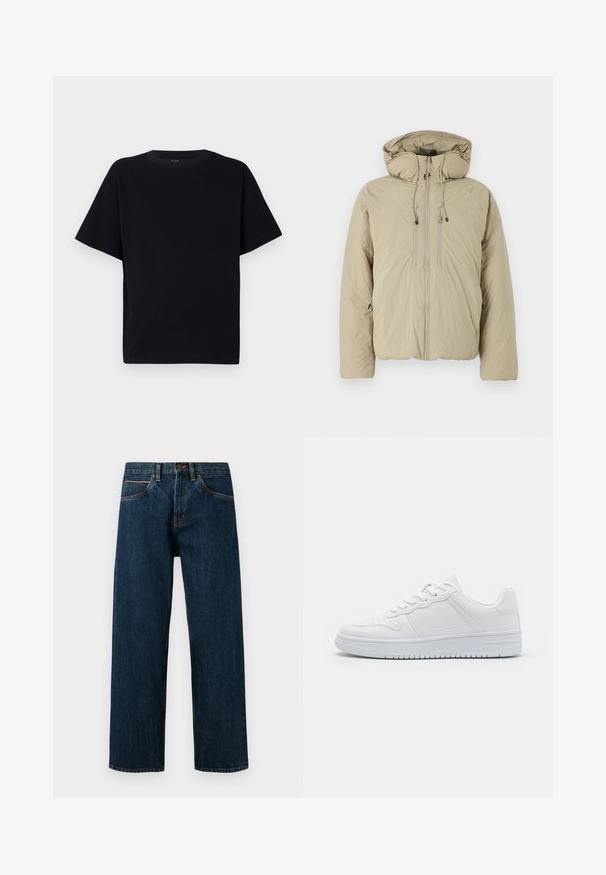 Beige pufferjakke med hætte, udstyret med en frontlynlås, elastiske snore og sidelommer. Konstrueret af letvægts, struktureret stof.; Sort kortærmet t-shirt med rund halsudskæring. Fremstillet af blødt stof, med en afslappet pasform og uden synlige mønstre eller detaljer.; Mørkeblå denim jeans med lige snit, der har fem lommer og kontrasterende orange syninger langs sømmene.; Hvide sneakers lavet af glat syntetisk materiale, med flade snørebånd, perforeret tå og en gummisål med et tekstureret grebmønster.