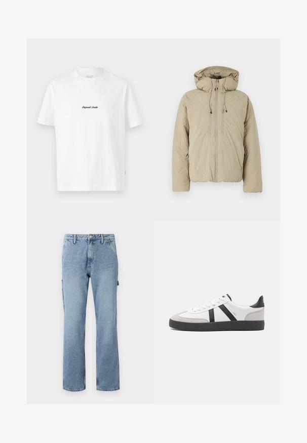 Beige puffer jakk, millel on kapuuts, ees lukuga, elastsete tõmblukkude ja küljetaskutega. Valmistatud kerge tekstuuriga kangast.; Valge puuvillane T-särk lühikeste varrukatega, millel on rinna peal väike must "Originals Studio" logo ja tekstuuriga silt ääres.; Heled sinine denimpüksid sirgete jalgadega, viie taskuga ja nööpidega sulgemine. Omab külgtaskuid ning üleüldiselt vabamat ja lõdvemalt sobivat stiili.; Valged tossud mustade ja hallide aktsentidega, tekstureeritud halli varbakattega, musta kummitald ja lamedad valged paelad. Puhtad jooned, minimalistlik stiil.