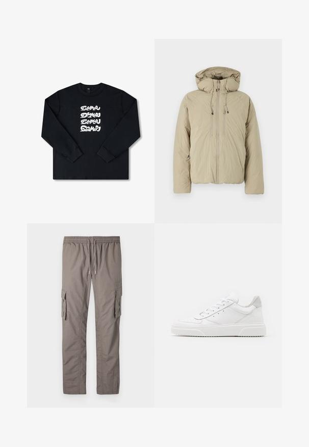 Beige pufferjakke med hætte, udstyret med en frontlynlås, elastiske snore og sidelommer. Konstrueret af letvægts, struktureret stof.; Sort sweatshirt med lange ærmer, der har et hvidt gentaget grafisk logo i stiliseret skrifttype på forsiden. Fremstillet af blødt stof.; Grå cargo-bukser med elastisk talje og snøre, to sidelommer og et glat, let stof.; Hvide lædersneakers med en glat finish, rund tå, flade snørebånd og en struktureret sål. Grå ruskindsdetalje ved hælen.