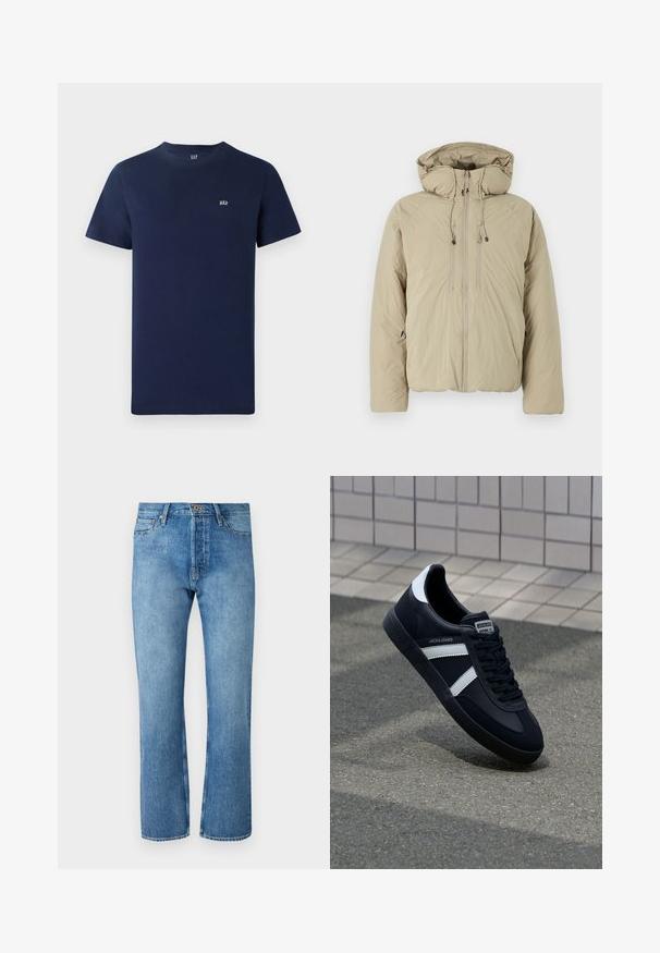 Doudoune beige avec capuche, dotée d'une fermeture éclair à l'avant, de cordons de serrage élastiques et de poches latérales. Construite en tissu léger et texturé.; T-shirt en coton bleu marine avec des manches courtes, un col rond et un petit logo brodé sur la poitrine. Design simple, texture dépouillée.; Jeans en denim bleu clair avec une coupe droite, présentant un design classique à cinq poches, une fermeture à bouton et des coutures contrastantes.; Sneaker en cuir noir avec des rayures blanches, semelle en caoutchouc texturée et devant à lacets. Présente une étiquette de marque sur la languette.