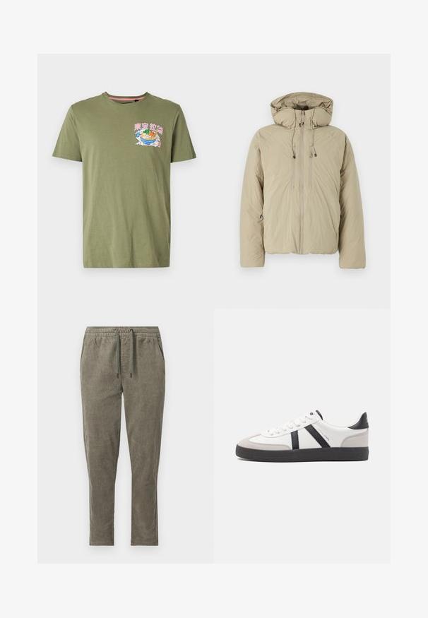 Beige puffer jakk, millel on kapuuts, ees lukuga, elastsete tõmblukkude ja küljetaskutega. Valmistatud kerge tekstuuriga kangast.; Oliiviroheline puuvillane T-särk, millel on trükitud kauss toitu kujutav disain roosas, sinises ja rohelises värvitoonis, ümar kaeluse ja lühikeste varrukatega.; Oliveerohked sametpüksid elastse vöö ja paelaga, küljetaskute ja sirgete säärtega.; Valged tossud mustade ja hallide aktsentidega, tekstureeritud halli varbakattega, musta kummitald ja lamedad valged paelad. Puhtad jooned, minimalistlik stiil.