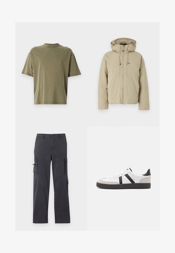 Beige puffer jakk, millel on kapuuts, ees lukuga, elastsete tõmblukkude ja küljetaskutega. Valmistatud kerge tekstuuriga kangast.; Olive rohelise värvi lühikeste varrukatega ja kõrge kaelusega lõigatud t-särk, mis on valmistatud pehmest kangast.; Tumedat hallid cargo-püksid sirge sääre disainiga, valmistatud vastupidavast puuvilla segust, sisaldavad küljetaskuid ja reguleeritavaid nöörasid.; Valged tossud mustade ja hallide aktsentidega, tekstureeritud halli varbakattega, musta kummitald ja lamedad valged paelad. Puhtad jooned, minimalistlik stiil.