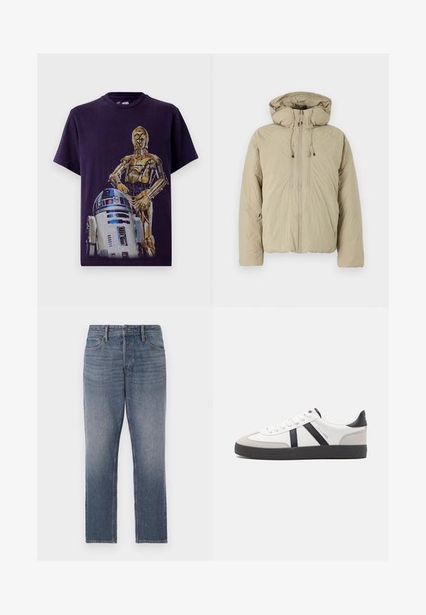 Doudoune beige avec capuche, dotée d'une fermeture éclair à l'avant, de cordons de serrage élastiques et de poches latérales. Construite en tissu léger et texturé.; T-shirt en coton noir avec un design graphique de C-3PO et R2-D2 de Star Wars. Col rond, manches courtes, coupe décontractée.; Jean en denim bleu foncé, design à jambe droite, avec un délavage altéré, cinq poches et des accessoires en ton cuivre. Look épuré et classique.; Baskets blanches avec des accents noirs et gris, présentant un embout texturé gris, une semelle en caoutchouc noir et des lacets plats blancs. Design épuré, style minimaliste.