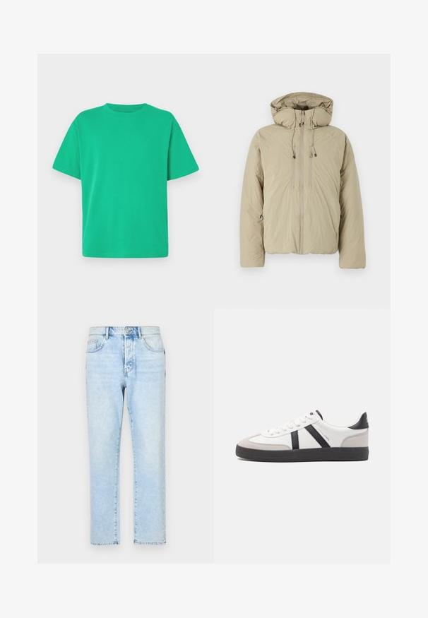 Beige puffer jakk, millel on kapuuts, ees lukuga, elastsete tõmblukkude ja küljetaskutega. Valmistatud kerge tekstuuriga kangast.; Roheline lühikeste varrukatega T-särk, mis on valmistatud pehmest kangast; omaduseks on ümar kaelus ja vabalt istuv lõige; sile tekstuur, ilma mustrite või aktsentideta.; Heledad sinine denimpüksid otse jalgade disainiga, pleekinud tekstuuriga ja traditsioonilise viie tasku stiiliga. Ees lukk ja nupuga kinnitatud.; Valged tossud mustade ja hallide aktsentidega, tekstureeritud halli varbakattega, musta kummitald ja lamedad valged paelad. Puhtad jooned, minimalistlik stiil.