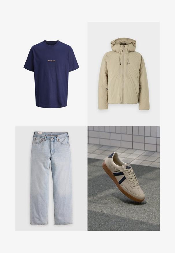 Chaqueta acolchada beige con capucha, que presenta un cierre frontal de cremallera, cordones elásticos y bolsillos laterales. Fabricada con un tejido ligero y texturizado.; Camiseta de algodón azul marino con mangas cortas, cuello redondo y texto bordado en naranja "Originals Studio" en el centro delantero.; Jeans rectos azul claro con cintura alta, cierre de botón y bolsillos delanteros y traseros, exhibidos sobre una superficie plana.; Zapatilla beige con acabado texturizado, rayas azul marino y suela de goma. Presenta una lengüeta acolchada y un sistema de cordones tradicional para un ajuste seguro.