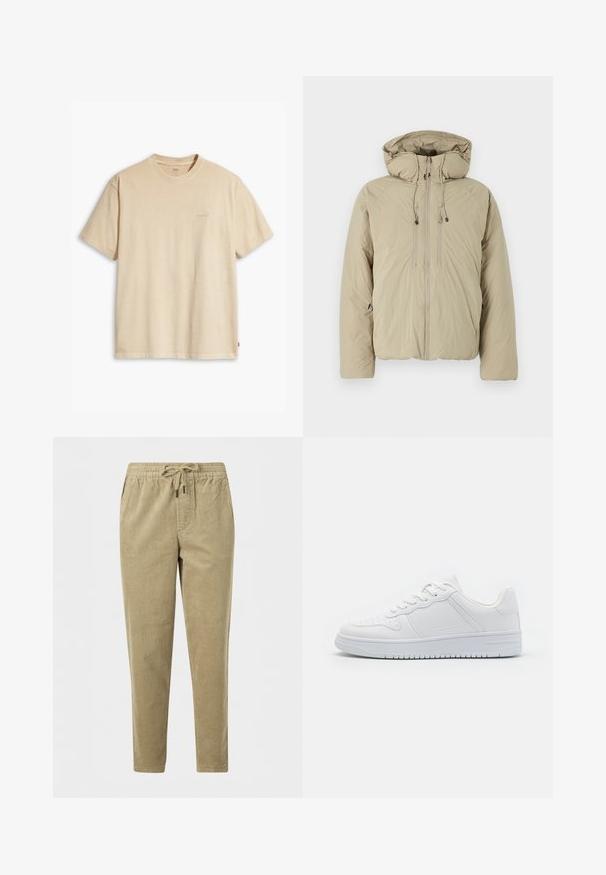 Beige pufferjakke med hætte, udstyret med en frontlynlås, elastiske snore og sidelommer. Konstrueret af letvægts, struktureret stof.; Beige bomulds t-shirt med rund hals og korte ærmer. Har et subtilt "Levi's" logo i samme farve på brystet. Blød tekstur.; Lysebrune manchesterbukser med elastisk talje og snøre, med lige ben og sidelommer.; Hvide sneakers lavet af glat syntetisk materiale, med flade snørebånd, perforeret tå og en gummisål med et tekstureret grebmønster.