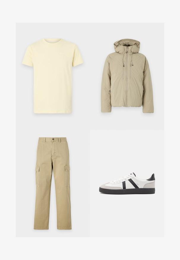 Beige Steppjacke mit Kapuze, ausgestattet mit einem Frontreißverschluss, elastischen Kordeln und Seitentaschen. Hergestellt aus leichtem, strukturiertem Stoff.; Helles gelbes Baumwoll-T-Shirt mit kurzen Ärmeln und rundem Halsausschnitt; verfügt über ein kleines weißes Logo auf der oberen linken Brust.; Beige Cargo-Hosen aus Baumwolle, mit zwei Seitentaschen, einem Knopfverschluss und geraden Beinen aus einem leicht strukturierten Stoff.; Weiße Sneaker mit schwarz- und grau-aczenten, ausgestattet mit einer strukturierten grauen Zehenkappe, schwarzer Gummi-Sohle und flachen weißen Schnürsenkeln. Sauberes Design, minimalistische Stil.