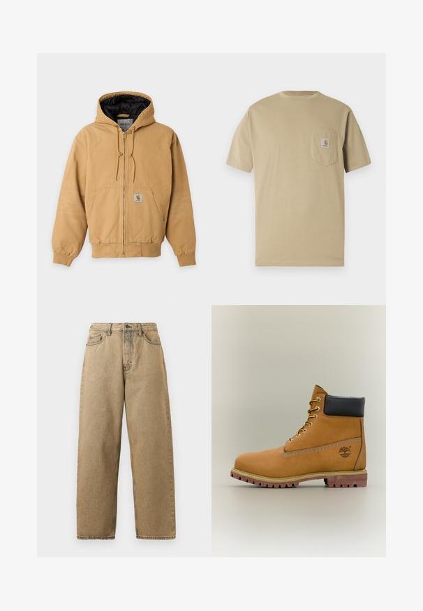 Beige Kapuzenjacke mit Reißverschluss, schwarzem Innenfutter, vorderen Taschen, Kordelzug an der Kapuze und sichtbarem Markenlogo-Aufnäher auf der vorderen Tasche.; Beige T-Shirt mit kurzen Ärmeln aus Baumwolle, mit einer Brusttasche links und einem Logo-Patch. Klassischer Rundhalsausschnitt mit regulärer Passform.; Beige Denim-Jeans mit geradem Bein, ausgestattet mit einem Reißverschluss, Gürtelschlaufen und kontrastierenden Nähten. Keine auffälligen Muster oder Hardware-Details.; Brauner Leder-Stiefelette mit schwarzem Kragen, gelben Schnürsenkeln und hellbrauner Sohle. Verfügt über ein Logo und weiße Ziernähe. Robuste Profilsohle.