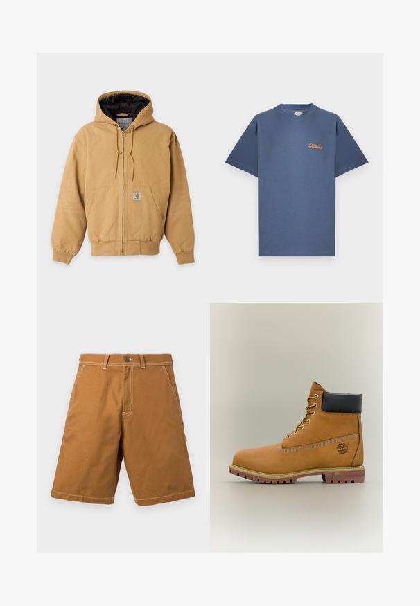Veste à capuche beige zippée avec doublure intérieure noire, poches avant, cordon de serrage à la capuche et écusson visible avec le logo de la marque sur la poche avant.; T-shirt bleu à manches courtes avec col rond, petit logo orange "Dickies" sur la poitrine gauche, présenté sur un fond blanc.; Shorts marron jusqu'aux genoux avec poches avant, passants pour ceinture, fermeture à boutons et coutures blanches visibles sur un fond clair.; Bottine en cuir marron avec col noir, lacets jaunes et semelle beige. Présente un logo et des détails de couture blanche. Semelle extérieure à traction robuste.