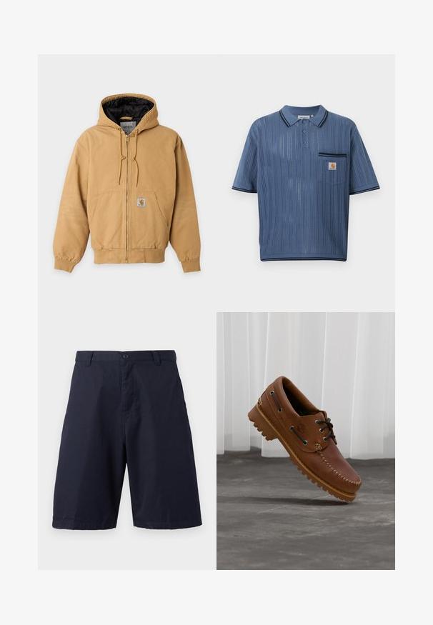 Veste à capuche beige zippée avec doublure intérieure noire, poches avant, cordon de serrage à la capuche et écusson visible avec le logo de la marque sur la poche avant.; Polo en maille bleu avec rayures verticales ajourées, patte de boutonnage à trois boutons, poche poitrine avec logo Carhartt et bordures noires sur le col et les manches.; Short bleu marine longueur genou avec fermeture par bouton, passants de ceinture et jambes droites sur fond blanc uni.; Chaussure de bateau en cuir marron avec des lacets noirs, des coutures beiges et une semelle robuste, suspendue au-dessus d'un sol en béton gris.