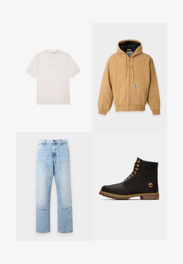Veste à capuche beige zippée avec doublure intérieure noire, poches avant, cordon de serrage à la capuche et écusson visible avec le logo de la marque sur la poche avant.; T-shirt blanc à manches courtes en coton doux, avec un logo de marque subtilement gaufré sur la poitrine et un col rond classique.; Jean en denim bleu clair à taille haute, avec grandes poches plaquées à l'avant, fermeture à boutons et jambes larges et droites.; Bottine noire en cuir avec œillets dorés, accents marron et semelle en caoutchouc. Comprend un col rembourré et un logo estampé sur le côté.