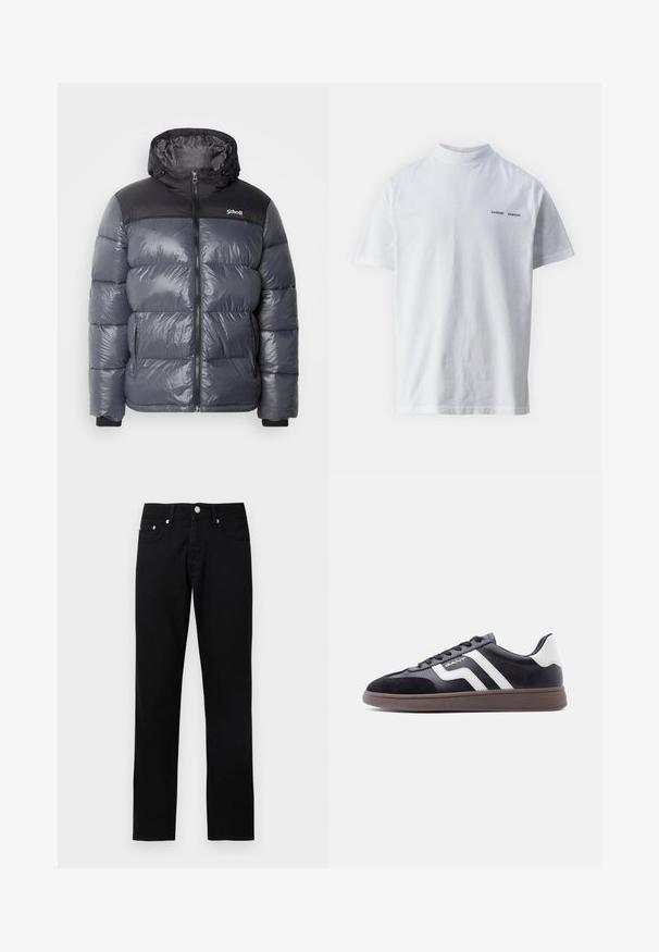 Graue Steppjacke mit einem schwarzen oberen Bereich, ausgestattet mit Kapuze, Frontreißverschluss, Seitentaschen und elastischen Bündchen. Glänzendes, leichtes Material.; Weißes Baumwoll-T-Shirt mit hohem Ausschnitt und kurzen Ärmeln. Mit schwarzem "SAMSØE SAMSØE" Logo auf der Vorderseite. Glatte Textur.; Schwarze Jeans mit geradem Bein, vorderer Knopfleiste, Reißverschluss, Gürtelschlaufen und fünf Taschen auf hellgrauem Hintergrund.; Schwarze Sneaker aus Velours- und synthetischem Material mit weißen diagonalen Streifen und brauner, strukturierter Sohle. Verfügt über ein Schnürdesign und gepolsterten Kragen.