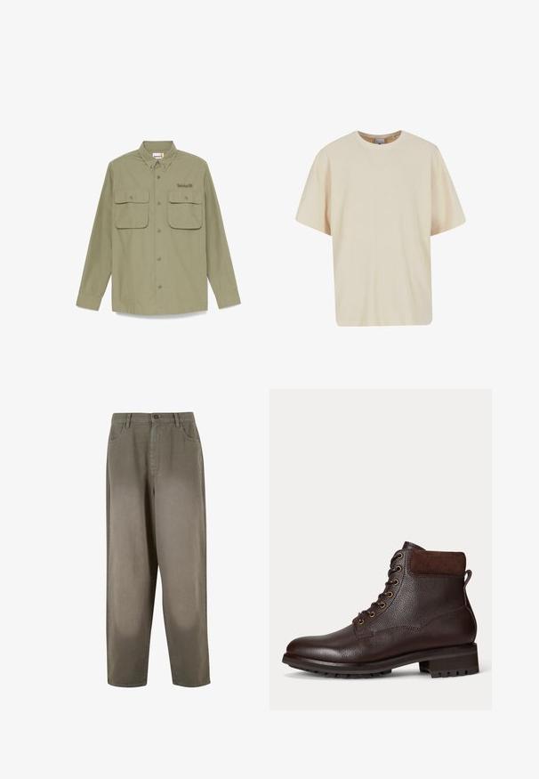 Langærmet khaki skjorte med knapper, to lommer foran med klap og en lille Timberland-logo broderet på venstre brystlomme.; Cremefarvet oversized T-shirt med ribbet tekstur, rund halsudskæring og korte ærmer. Har diskret logo-tryk på brystet.; Lys grønne, vide bukser lavet af blødt stof. Har en knaplukning, forlommer og en glat overflate.; Brun læder ankelstøvle med en struktureret overflade, snørebåndsdesign, gyldne øjer og en akcent i brunt ruskind ved anklen. Kraftig gummisål.