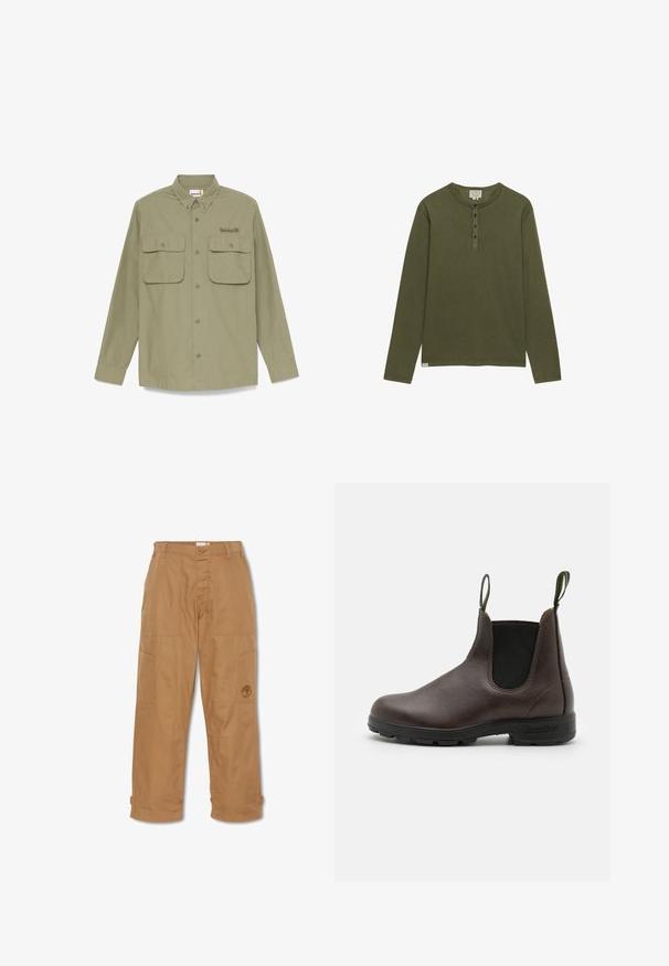 Chemise kaki à manches longues avec boutons, deux poches à rabat à l'avant et un petit logo Timberland brodé sur la poche poitrine gauche.; Chemise henley à manches longues vert olive avec quatre boutons noirs et un col rond, présentée sur un fond blanc.; Pantalons de travail khaki, fabriqués en tissu durable, dotés de plusieurs poches, d'une fermeture à bouton et d'un logo brodé sur la cuisse.; Bottine Chelsea en cuir marron avec des panneaux élastiques sur les côtés, des anses en haut et une semelle en caoutchouc durable, présentant une finition lisse.