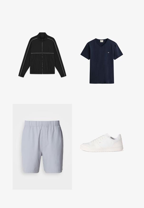 Veste de survêtement noire zippée avec passepoil blanc le long des manches et de la poitrine, poignets et ourlet élastiques, et poches zippées de chaque côté.; T-shirt bleu marine à col en V manches courtes avec petit logo brodé sur la poitrine gauche et étiquette GANT à l’intérieur du col.; Shorts de bain gris clair avec une taille élastique, deux poches latérales et un tissu lisse et léger. Aucuns motifs ou embellissements visibles.; Baskets basses blanches avec design à lacets, panneaux en cuir lisse et semelle plate, montrées du côté extérieur sur fond blanc.