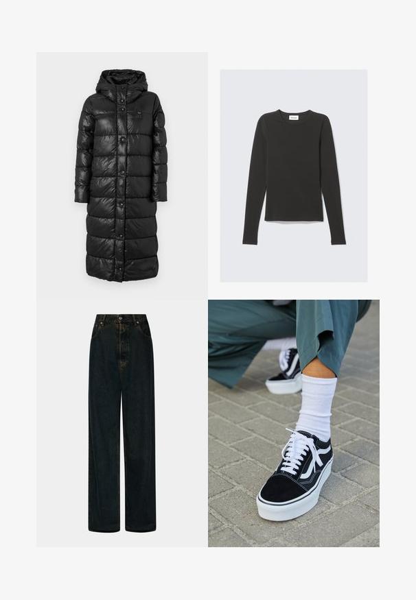 Zwarte pufferjas met capuchon, glanzende afwerking, knopen aan de voorkant en een lengte tot halverwege de kuit, voorzien van doorgestikte delen voor isolatie.; Zwart T-shirt met lange mouwen en ronde hals, slim fit, plat gelegd op een lichtgrijze achtergrond.; Hoge taille, wijde pijpen, donkerblauwe denim jeans met een sluiting van voor knoop en rits, riemlussen en voorzakken.; Zwarte suède sneaker met witte accenten en veters, uitgerust met een dikke witte zool en contrasterende stiksels, gecombineerd met een witte sok.