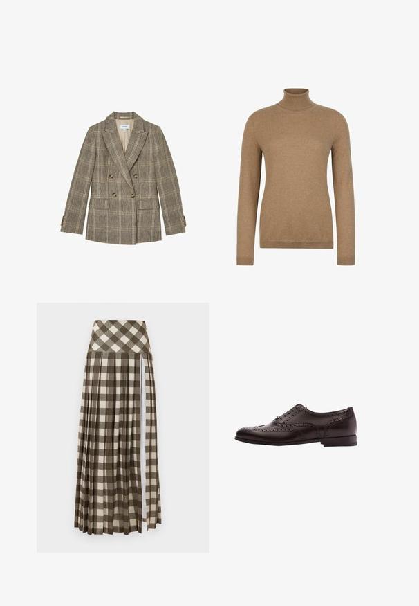 Brun dobbeltradet ternet blazer med notch revers, fire knapper på hver ærmekant og to forlommer med klap.; Langærmet kamelbrun rullekravesweater med ribstrikkede manchetter og kant, vist på en ensfarvet hvid baggrund.; Lang, plisseret nederdel med et brunt og beige ternet mønster. Høj talje-design med en sideslids og blød stoftekstur.; Brune læder dress sko med brogue-detaljer, snørebånds lukning, rund tå og en lav stablet hæl. Poleret finish og indviklede perforeringer.