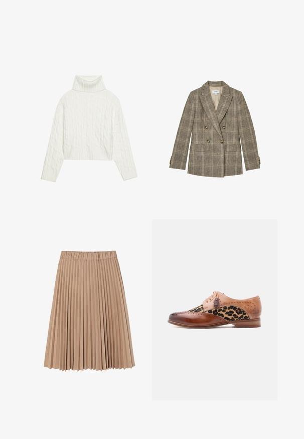 Brun dobbeltradet ternet blazer med notch revers, fire knapper på hver ærmekant og to forlommer med klap.; Hvid kabel-strikket turtleneck sweater med en cropped silhuet, der har ribbede manchetter og kant. Blød tekstur med et hyggeligt, chunky design.; Plisseret nederdel lavet af blødt beige stof; har en elastisk talje og et svævende design med smalle, jævne folder overalt.; Brun lædersko med leopardprintstofpanel, brogue-detaljer, frynse-laces og lavt træhæl.