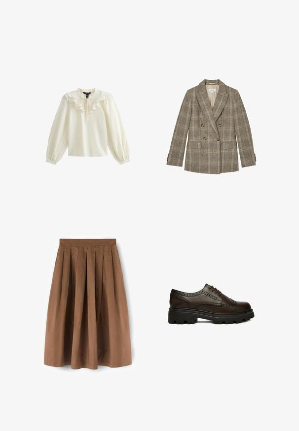 Blazer marrón de cuadros de doble botonadura con solapas con muesca, cuatro botones en cada puño de la manga y dos bolsillos delanteros con solapa.; Blusa blanca de manga larga con escote con volantes y textura suave; presenta un lazo en el cuello y mangas abullonadas fruncidas.; Falda marrón plisada hasta la rodilla con una cintura ajustada, hecha de tela ligera, mostrada sobre un fondo blanco.; Zapato brogue de cuero marrón oscuro con detalles perforados y suela gruesa negra con dibujo, visto de lado sobre fondo blanco.