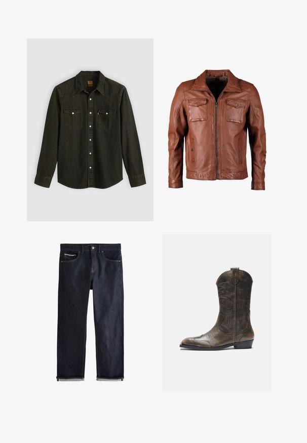 Brun læderjakke med lynlås foran, to brystlommer og sidelommer. Har en klassisk krave og en glat tekstur samt en tætsiddende pasform.; Langærmet sort denimskjorte med spids krave, to brystlommer, sølvknapper og gule syninger. Klassisk western-design.; Mørkeblå denimjeans med en klassisk lige pasform, der har fem lommer, knaplukning og op rullede manchetter, som viser en lys blå foring.; Brune læder cowboystøvle med en høj skaft, spids tå, intrikate syning mønstre og en lille hæl. Struktureret finish hele vejen igennem.