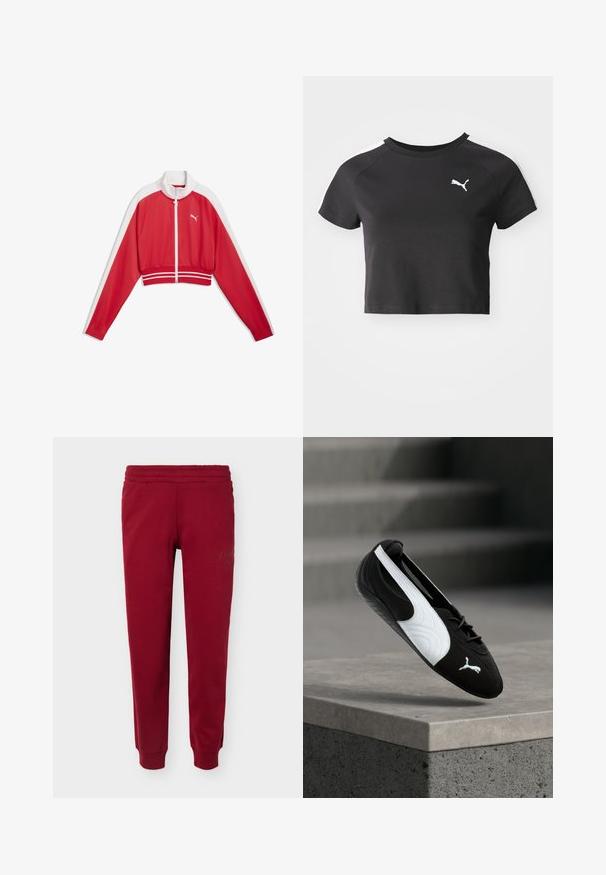 Veste rouge courte avec manches blanches, col montant, fermeture éclair et bandes blanches à l'ourlet. Présente un petit logo sur la poitrine.; T-shirt noire cropped en coton, avec un col rond, des manches courtes raglan et un logo Puma blanc sur la poitrine gauche.; Pantalon de jogging rouge avec taille élastique et chevilles resserrées, présentant une broderie discrète du logo sur la partie supérieure de la cuisse.; Baskets Puma noir et blanc avec lacets flottant au-dessus d'un rebord en béton sur un fond flou d'escaliers gris.
