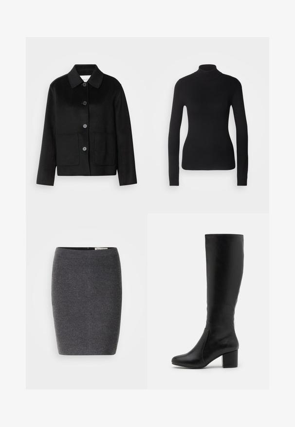 Veste en laine noire avec un col à revers, fermeture par boutons et deux poches avant. Présente une coupe structurée et des manches droites.; Pull à col roulé noir en maille légère. Il possède des manches longues, une coupe ajustée et une texture côtelée douce.; Jupe crayon en laine grise avec une texture lisse et un design ajusté, dotée d'une taille discrète et sans décorations visibles.; Bottes en cuir noir jusqu'aux genoux avec une texture lisse, un bout arrondi, un panneau latéral et un talon épais.