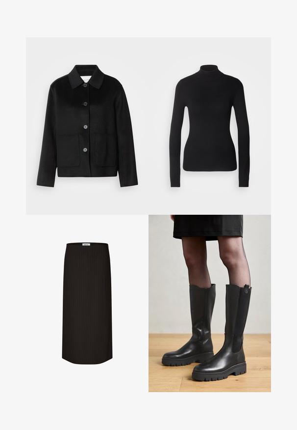 Veste en laine noire avec un col à revers, fermeture par boutons et deux poches avant. Présente une coupe structurée et des manches droites.; Pull à col roulé noir en maille légère. Il possède des manches longues, une coupe ajustée et une texture côtelée douce.; Jupe crayon noire avec des rayures verticales, texture lisse, design mi-long et fermeture zippée sur le côté.; Bottes noires jusqu'au genou avec un extérieur en cuir lisse, des panneaux latéraux en élasthanne et une semelle en caoutchouc épaisse avec un motif de semelle texturé.