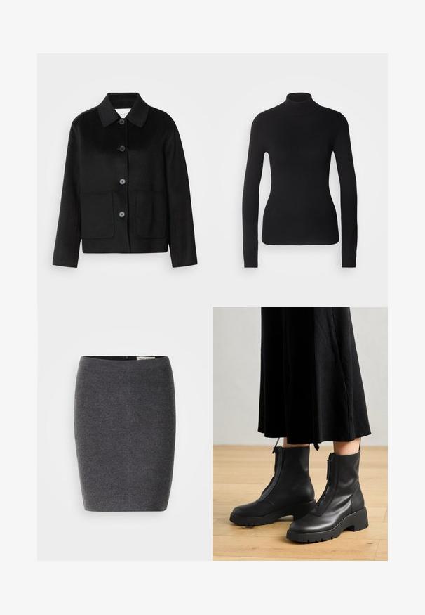 Sort uldjakke med kraveudskæring, knaplukning og to forlommer. Har et struktureret design og ærmer med lige snit.; Sort turtleneck sweater lavet af let strikket stof. Har lange ærmer, et tætsiddende design og en blød ribbet tekstur.; Grå uld blyantskirt med en glat tekstur og tætsiddende design, med en diskret talje og uden synlige udsmykninger.; Sorte læder ankelstøvler med en kraftig platformsål og en frontlynlås. Glat tekstur med et minimalistisk design.
