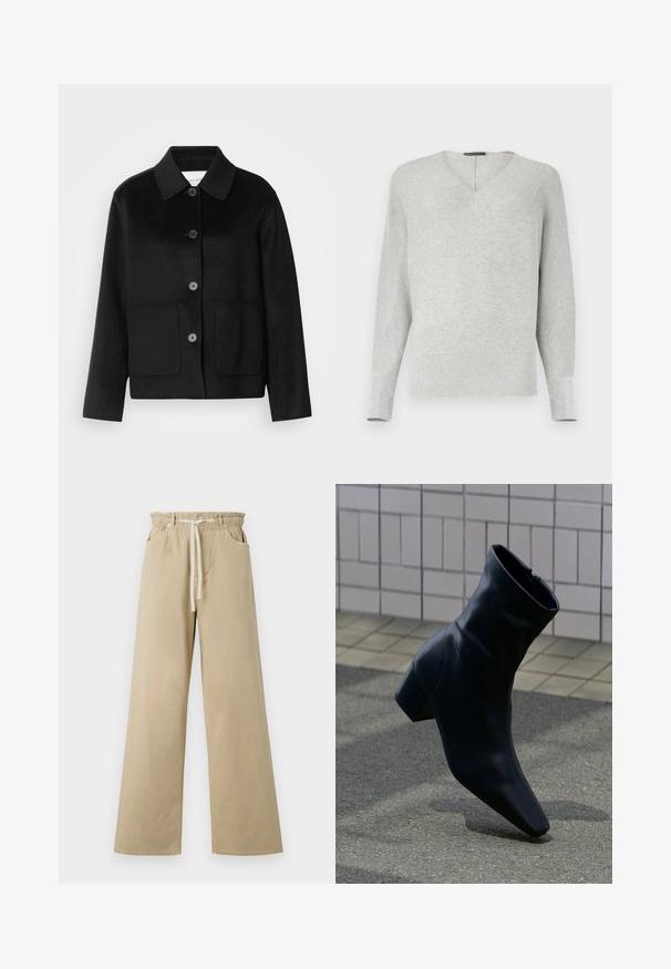 Sort uldjakke med kraveudskæring, knaplukning og to forlommer. Har et struktureret design og ærmer med lige snit.; Lysegrå langærmet strikket sweater med en diskret V-udskæring ved halsen samt ribstrikkede manchetter og kant.; Beige viddebenede bukser lavet af bomuld med elastisk talje og snøre. Har to sidelommer og en glat tekstur.; Sort læderankelstøvle med blokhæle, stående på en tekstureret asfaltflade nær en fliser væg.