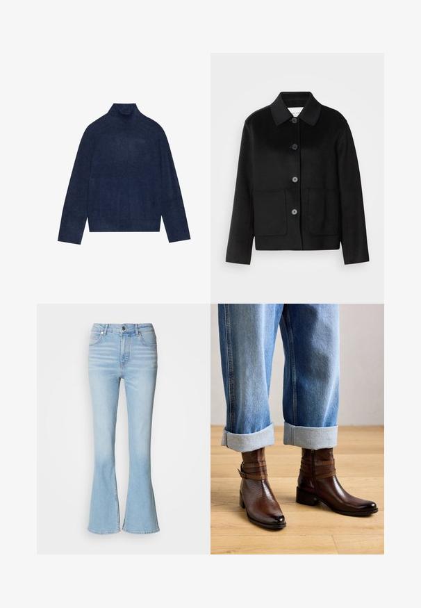 Sort uldjakke med kraveudskæring, knaplukning og to forlommer. Har et struktureret design og ærmer med lige snit.; Mørkeblå rullekrave sweater med ribbet detaljering på kraven og ærmerne, lavet af et blødt, struktureret strikket stof med en afslappet silhuet.; Lyseblå vide jeans lavet af denim med høj talje, prydet med subtil falming og en standard lynlås-lukning.; Et par brune ankelstøvler med spænde og lynlås, bæret med opbrettede blå jeans på et lyst trægulv.
