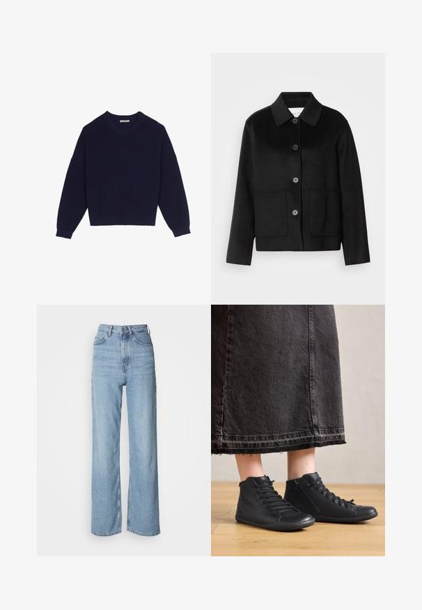 Sort uldjakke med kraveudskæring, knaplukning og to forlommer. Har et struktureret design og ærmer med lige snit.; Marineblå strikket sweater med ribbestruktur, rund halsudskæring, nedsatte skuldre og cropped kant. Blødt materiale med lange ærmer.; Lyseblå højtskårne jeans med lige ben, lavet af denim, med frontknaplukning og diskrete falmede detaljer.; Sorte læder høje sko med en glat overflade, der har snørebånd og en sidezipper. Båret med en lang sort denimnederdel.