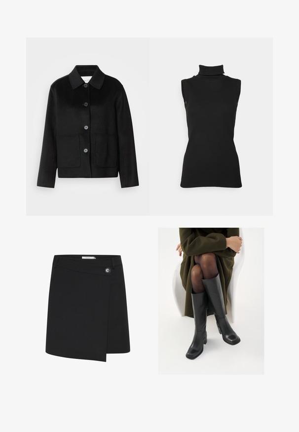 Sort uldjakke med kraveudskæring, knaplukning og to forlommer. Har et struktureret design og ærmer med lige snit.; Sort ærmeløs turtleneck top lavet af ribbet stof, med høj hals og tætsiddende silhuet. Glat tekstur med minimal detaljering.; Sort omslagskørt lavet af et glat stof, med en sidelukning og en asymmetrisk kant for et struktureret udseende.; Knæhøje sorte læder støvler med firkantet tå og blokhæl, vist med en model siddende i en olivengrøn frakke. Glat tekstur, minimal detaljer.