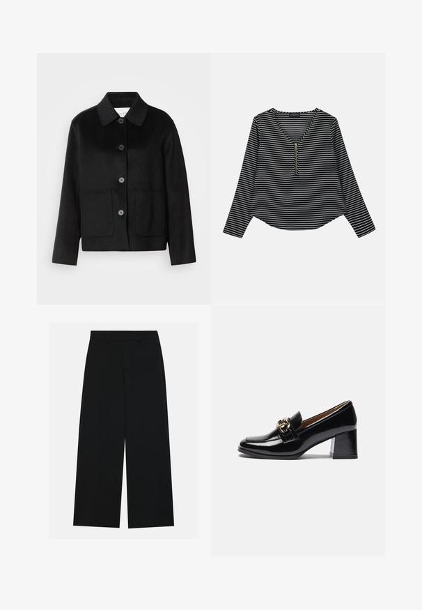Schwarze Wolljacke mit Kragen, Knopfverschluss und zwei Fronttaschen. Verfügt über ein strukturiertes Design und gerade geschnittene Ärmel.; Schwarz-weißer gestreifter Langarm-Top mit V-Ausschnitt und einem Reißverschluss in der Mitte. Der Stoff wirkt glatt, mit einer lockeren, leicht verkürzten Passform.; Schwarzweite Hosen mit weitem Bein aus glattem Stoff. Besitzt einen flachen Bund mit Gürtelschlaufen und ohne sichtbare Taschen. Schlichtes Design.; Schwarze Lacklederschuhe mit Absatz, runder Zehenpartie, kräftigerem Absatz und einem goldfarbenen Hardware-Akzent auf dem vorderen Riemen.