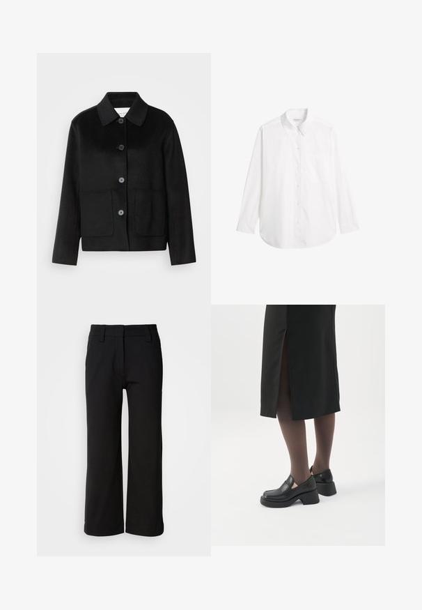 Zwarte wollen jas met een kraag, knoopsluiting en twee voorzakken. Heeft een gestructureerd ontwerp en recht gesneden mouwen.; Witte button-up shirt gemaakt van katoen. Heeft een klassieke kraag, lange mouwen en een zak aan de linkerkant. Glad oppervlak, geen patronen.; Zwarte wijde broek gemaakt van soepel stof. Kenmerkt zich door een vlakke voorkant, ceintuurlussen en een nette zoom zonder zakken of zichtbare sluitingen.; Vrouw met zwarte loafers met grove hak, zwarte doorschijnende panty's en een zwarte rok met een split aan de achterkant op een witte achtergrond.