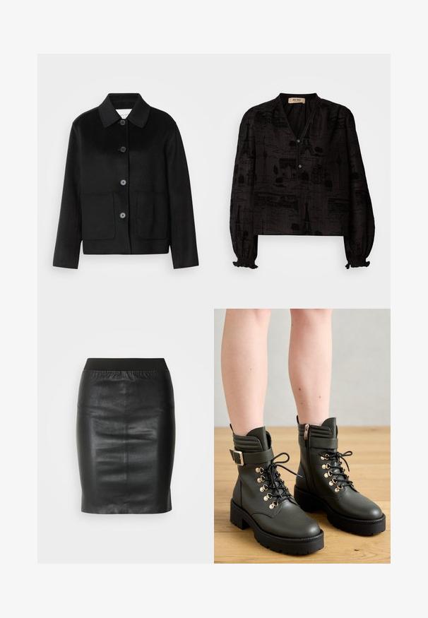 Schwarze Wolljacke mit Kragen, Knopfverschluss und zwei Fronttaschen. Verfügt über ein strukturiertes Design und gerade geschnittene Ärmel.; Mos Mosh TALE LIGHT BLOUSE - Hemdbluse - black; Schwarzer Bleistiftrock aus glattem Leder, mit einem elastischen Bund für eine figurbetonte Silhouette und minimalistischem Design.; Dunkelgrüne Stiefeletten aus glattem Leder mit Schnürsenkeln, goldfarbenen Ösen und einem seitlichen Reißverschluss, ausgestattet mit einer klobigen, schwarzen Profilsohle.