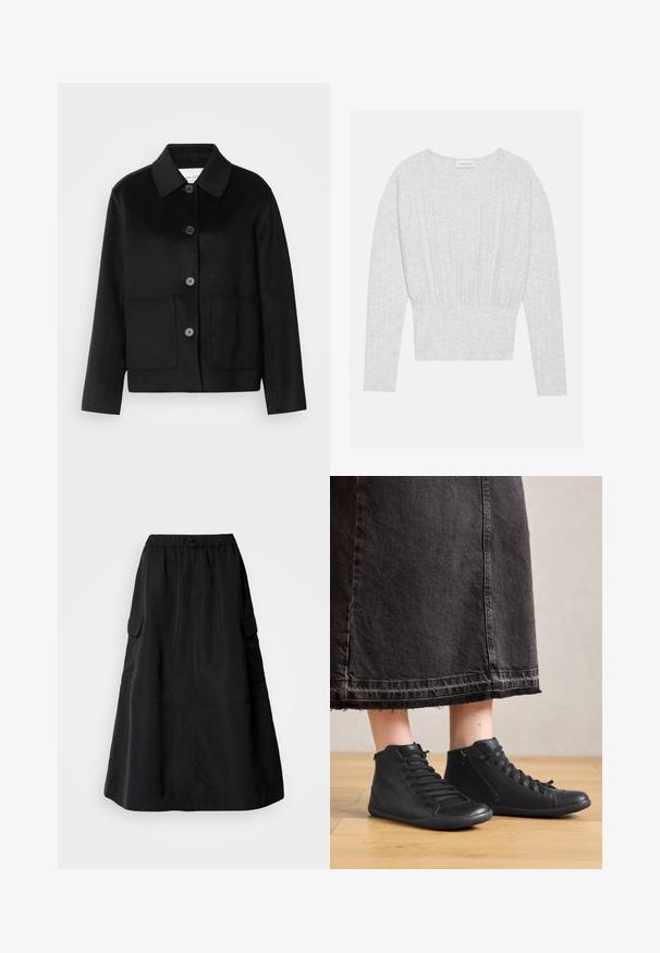 Veste en laine noire avec un col à revers, fermeture par boutons et deux poches avant. Présente une coupe structurée et des manches droites.; T-shirt à manches longues gris clair en tissu doux, avec une taille cintrée et des détails froncés, et un col rond.; Jupe noire à coupe décontractée, en tissu lisse. Elle possède une taille élastique et deux poches cargo latérales. Design de longueur mi-mollet.; Chaussures montantes en cuir noir avec une texture lisse, dotées de lacets et d'une fermeture éclair sur le côté. Portées avec une longue jupe en denim noire.