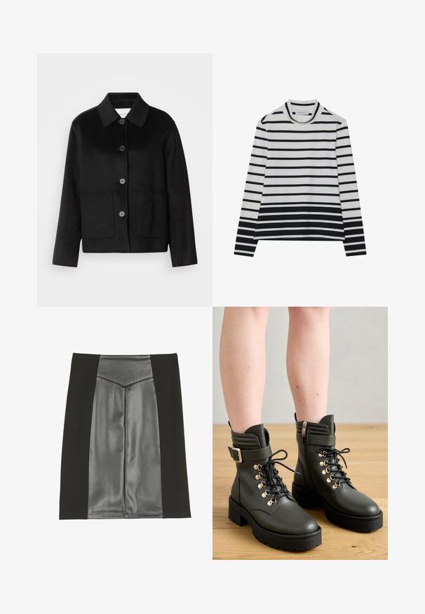 Schwarze Wolljacke mit Kragen, Knopfverschluss und zwei Fronttaschen. Verfügt über ein strukturiertes Design und gerade geschnittene Ärmel.; Langärmliges Oberteil aus Baumwolle, mit horizontalen schwarz-weißen Streifen, hohem Stehkragen und einer entspannten Passform mit seitlichen Schlitzen.; Anna Field A-Linien-Rock - black; Dunkelgrüne Stiefeletten aus glattem Leder mit Schnürsenkeln, goldfarbenen Ösen und einem seitlichen Reißverschluss, ausgestattet mit einer klobigen, schwarzen Profilsohle.