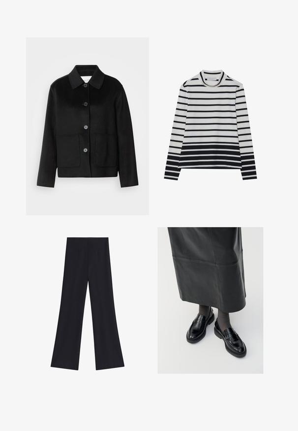 Sort uldjakke med kraveudskæring, knaplukning og to forlommer. Har et struktureret design og ærmer med lige snit.; Langærmet bluse lavet af bomuld, med vandrette sorte og hvide striber, en høj mock neck og en afslappet pasform med sidesplits.; Sorte vidde bukser med høj talje og forreste folder, vist på en ensfarvet hvid baggrund.; Sorte læder loafers med en glat finish, prydet med en dekorativ rem, rund tå og tekstureret sål. Båret med en lang sort læderskirt.