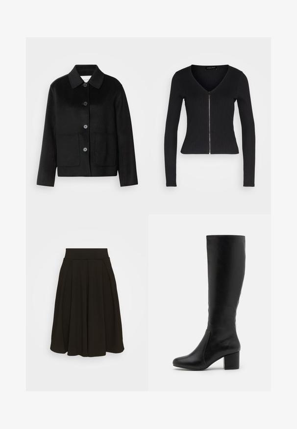 Veste en laine noire avec un col à revers, fermeture par boutons et deux poches avant. Présente une coupe structurée et des manches droites.; Haut noir à manches longues à côtes, avec un col en V et une fermeture éclair à l'avant. Présente un design ajusté et une texture douce.; Jupe plissée noire avec une large ceinture élastique. Fabriquée dans un tissu doux, elle présente un ourlet à mi-genoux et une texture lisse.; Bottes en cuir noir jusqu'aux genoux avec une texture lisse, un bout arrondi, un panneau latéral et un talon épais.